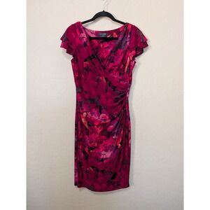 Lauren Ralph Lauren Floral Sheath Dress Magenta Pink Ruched V-Neck Size 6 Garden